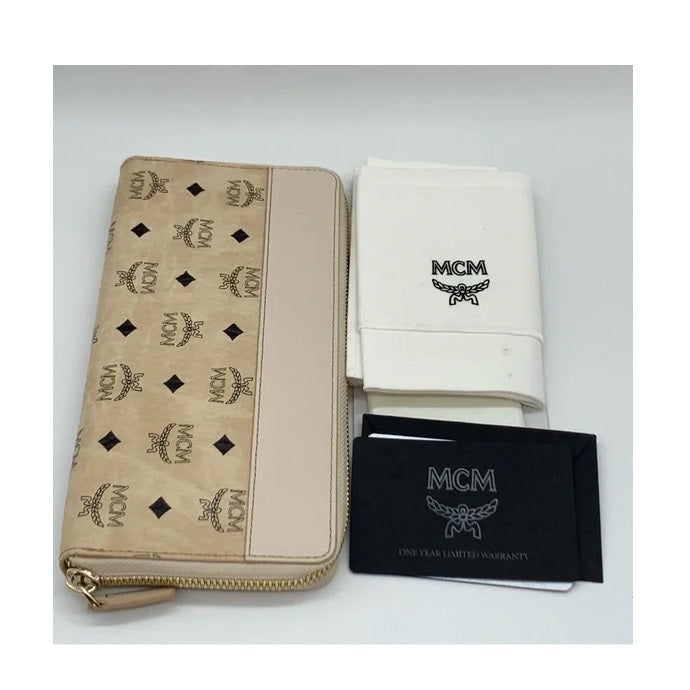 MCM Portuna Large Visetos Multifunction Zip-Around Clutch Wallet in Beige
