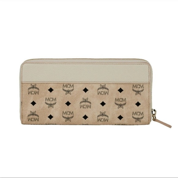 MCM Portuna Large Visetos Multifunction Zip-Around Clutch Wallet in Beige