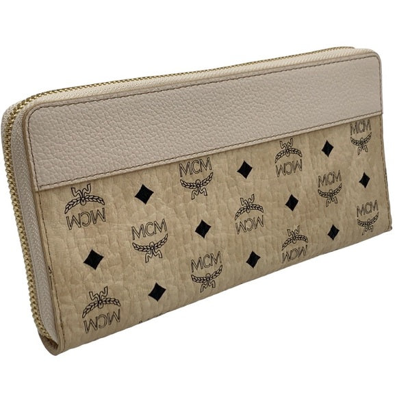 MCM Portuna Large Visetos Multifunction Zip-Around Clutch Wallet in Beige