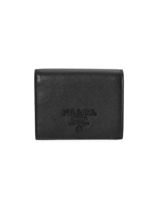 Prada Saffiano Black Leather and Black Logo Bifold Snap Wallet 1MV204
